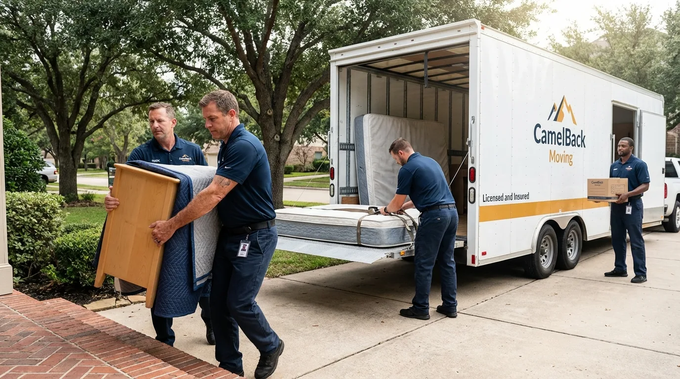 Crew loading residential truck for cross-state move from Martindale, TX