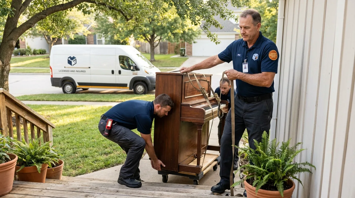 Licensed piano movers securing grand piano in Martindale, TX