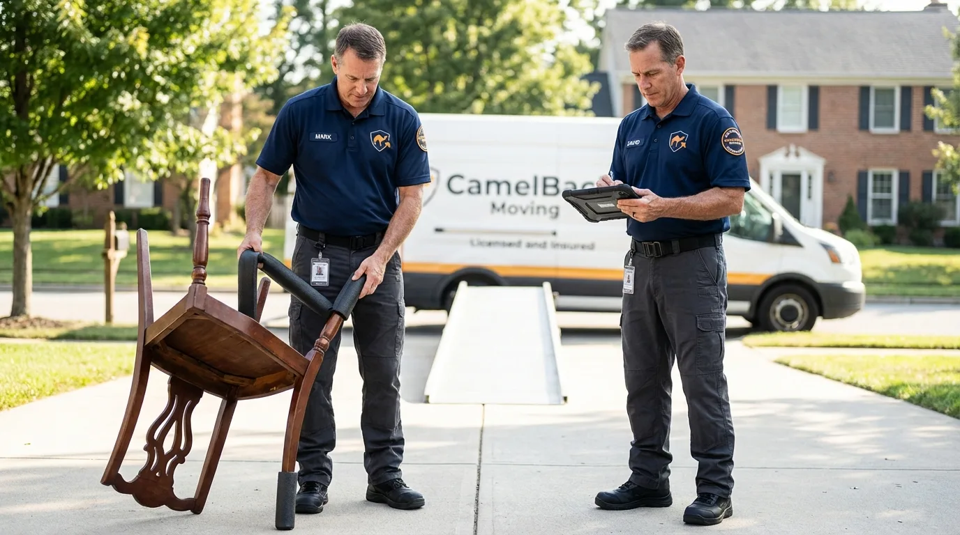 Movers inspecting furniture for damage prevention before loading in Martindale, TX