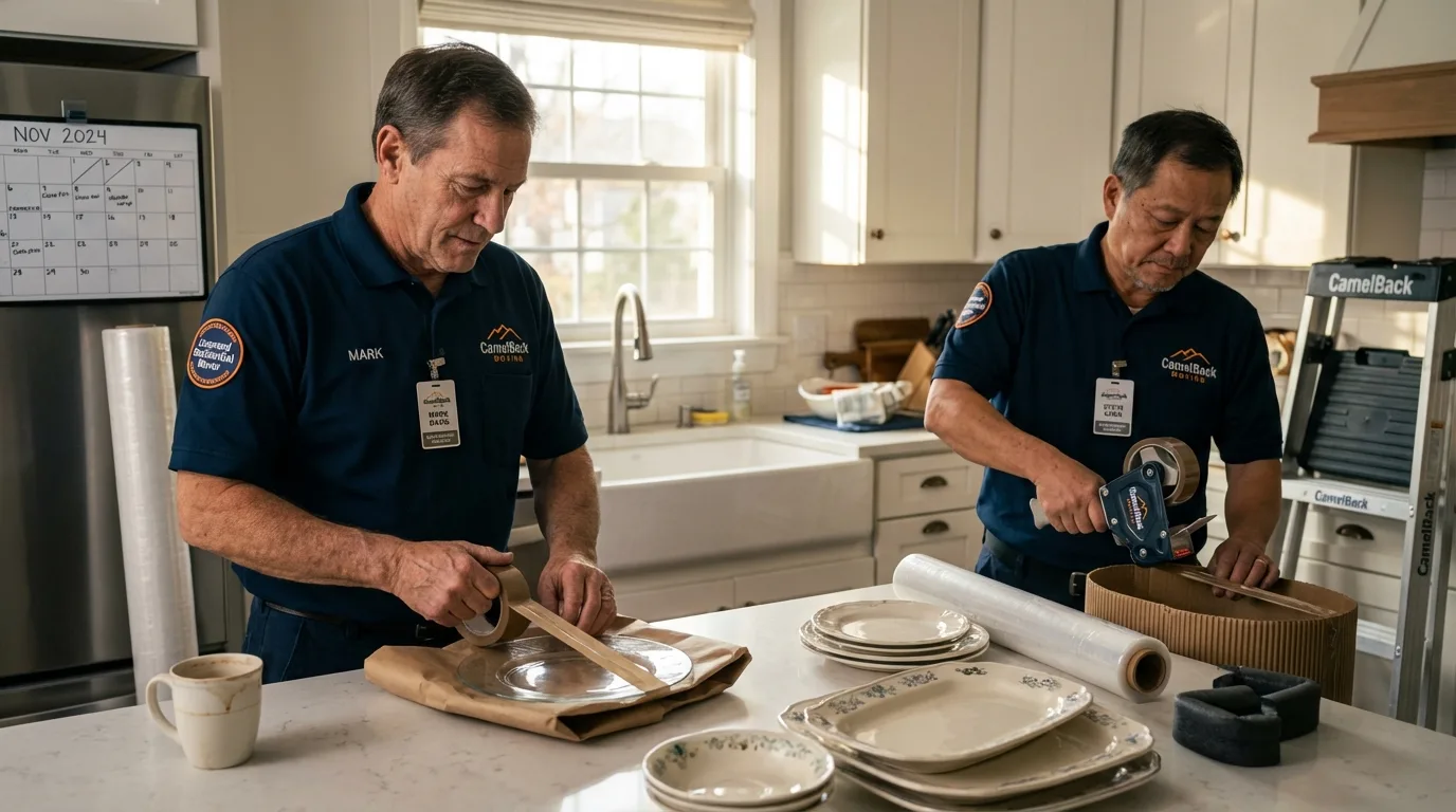 Professional crew packing kitchen dishware in Martindale, TX
